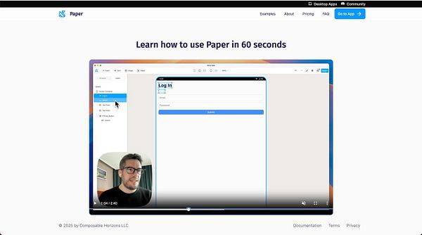 A tutorial interface for the Paper app featuring a login screen and a video overlay.
