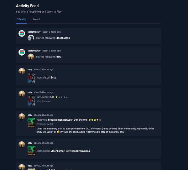The image displays an activity feed from a gaming platform showing recent user interactions.