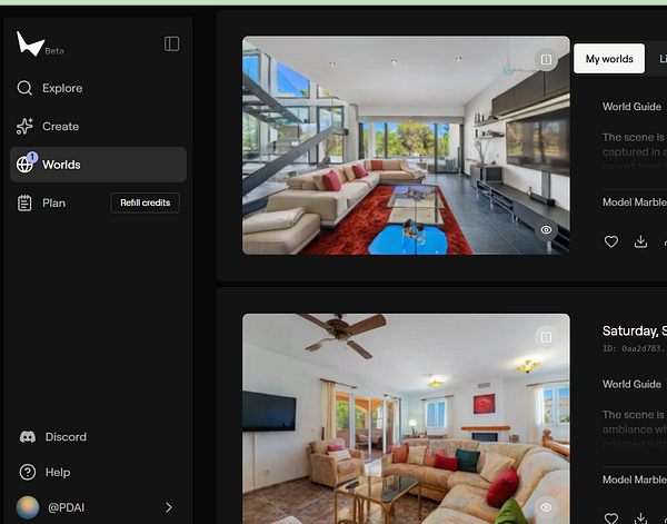 The image displays a user interface for a 3D world generation tool featuring two virtual room designs.