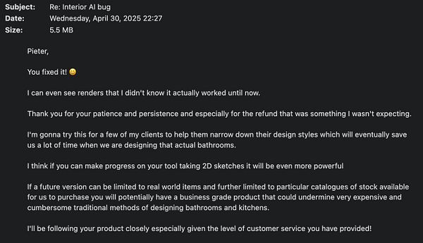 An email expressing gratitude for fixing a bug in an interior design AI tool.