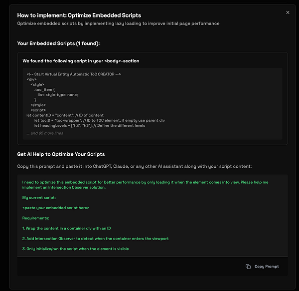 The image displays a modal for optimizing embedded scripts with a focus on lazy loading to enhance page performance.