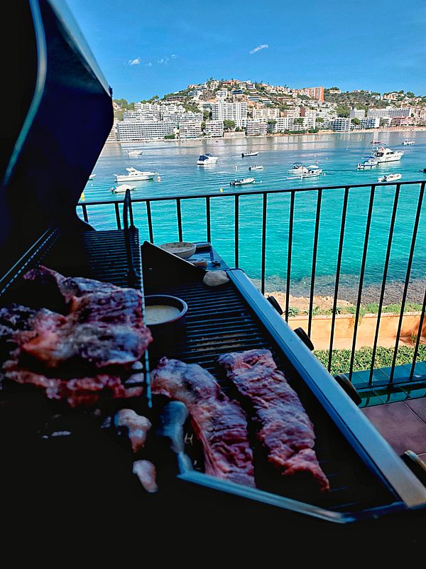 Grilled meat cooking on a barbecue with a scenic waterfront view of boats and hillside buildings in the background.