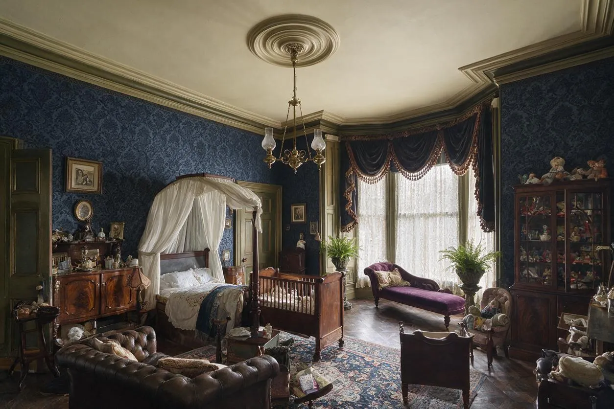 A richly decorated Victorian nursery with dark blue patterned wallpaper, a carved wooden cradle bed under a white canopy, and heavy draped window treatments. The room includes antique wooden cabinets, a tufted leather sofa, upholstered seating, and vintage decor arranged around a large patterned area rug.
