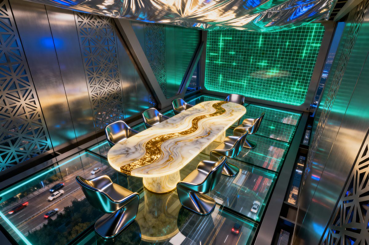 Room AI – Neon Glass-Floor Dining with Backlit Onyx Table - Interior