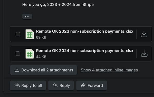 Screenshot of a Stripe payments dashboard showing 2023 and 2024 transactions, with anonymized details.
