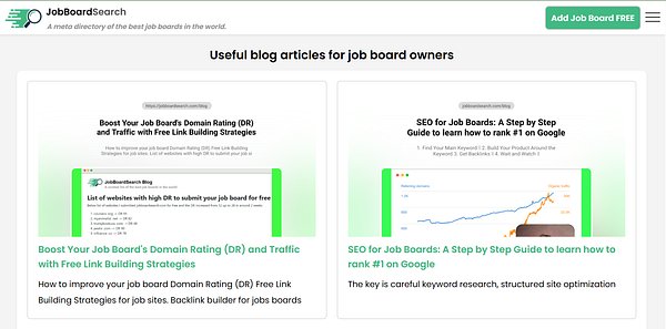 The image displays a webpage featuring useful blog articles for job board owners.