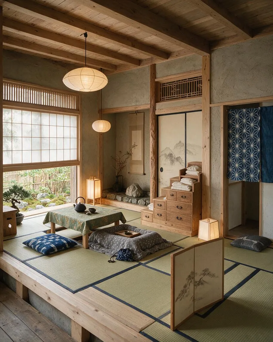 A serene Japanese Zen-style backyard room with tatami mats, low floor seating, paper lantern lights, and sliding shoji-style window screens. Natural wood beams, a small rock garden view, and indigo patterned textiles create a calm, minimalist atmosphere.