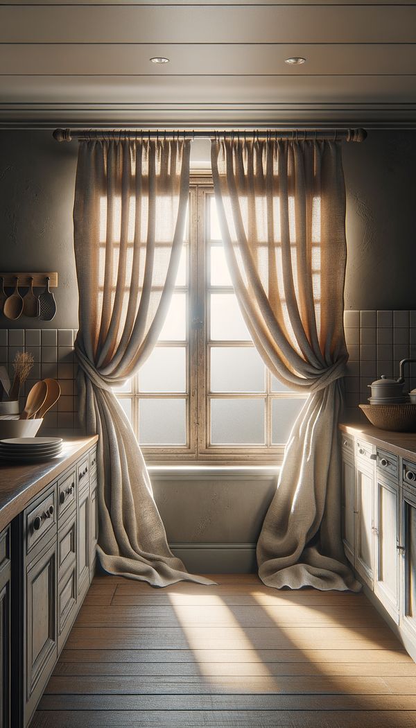 A rustic kitchen window dressed with linen café curtains that cover the lower half, allowing sunlight to illuminate the room.