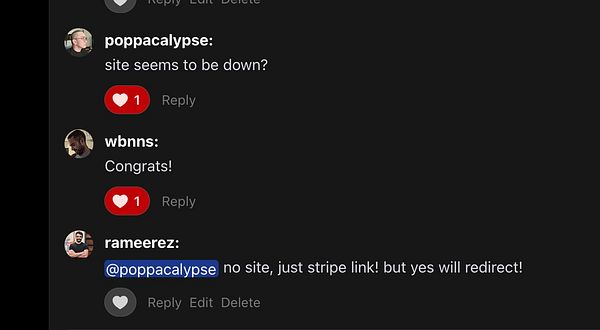 A screenshot of a comment thread discussing the status of a website and a redirect to a Stripe link.