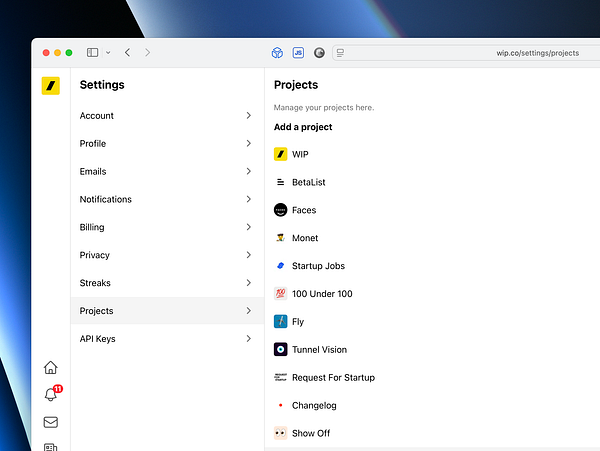 The image displays a settings interface for managing projects on the WIP platform.