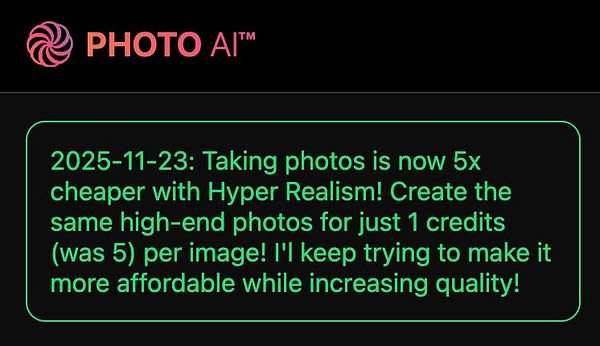 The image features an announcement about a price reduction for Hyper Realism photo credits.