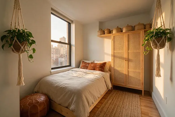 A cozy master bedroom with a low wooden bed dressed in soft beige bedding and rust-colored pillows, set beside a large window with city views. Hanging macramé planters frame the room, while a rattan-front wardrobe, woven baskets, a jute rug, and a leather pouf add natural bohemian texture.