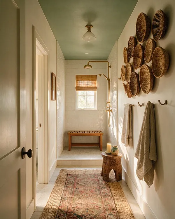 A narrow master bathroom with white tile walls, a sage green ceiling, and brass shower fixtures. Woven baskets are arranged decoratively on one wall above hanging towels, while a vintage-style rug runs down the center toward a raised shower area with a wooden bench and bamboo shade.