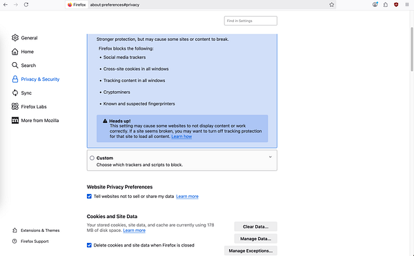 The image displays the Firefox privacy settings interface.