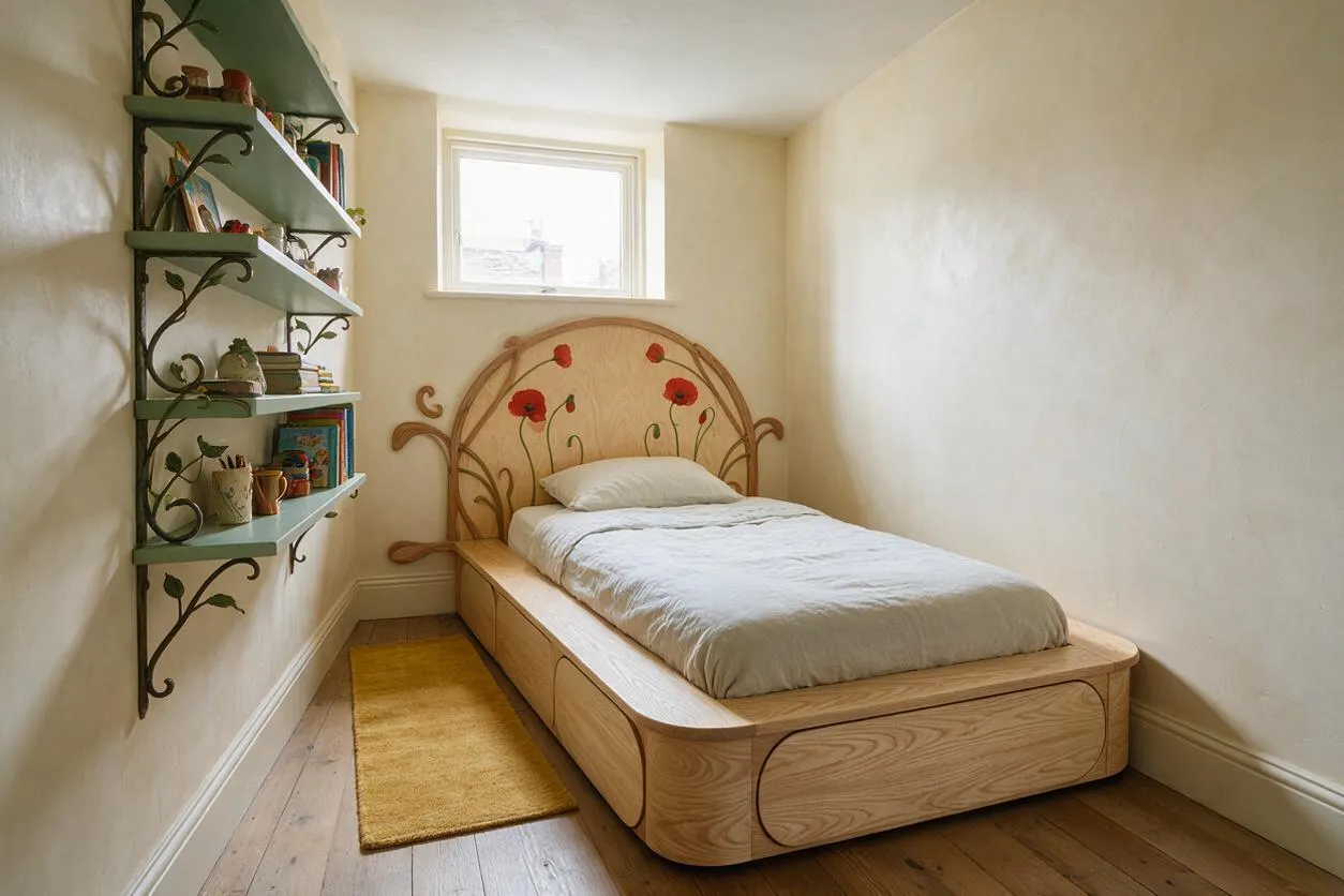 A narrow kids’ room features a low wooden bed with a rounded Art Nouveau headboard painted with red flowers and curling vine motifs. Built-in wall shelves on the left hold books and small decor, while a small window above the bed brings in soft natural light over pale walls and wood floors.
