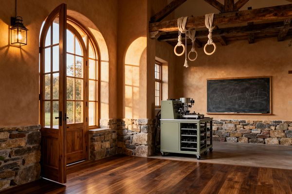 A spacious farmhouse-style home gym is illuminated by tall arched French doors with wood frames, casting warm light onto walnut floors. Clay-toned plaster walls are finished with a fieldstone wainscot, exposed timber beams hold thick ropes and wooden rings, and a sage-green steel equipment cart sits on a concrete pad. A chalkboard hangs on the wall and a glass lantern sconce flanks the entry.