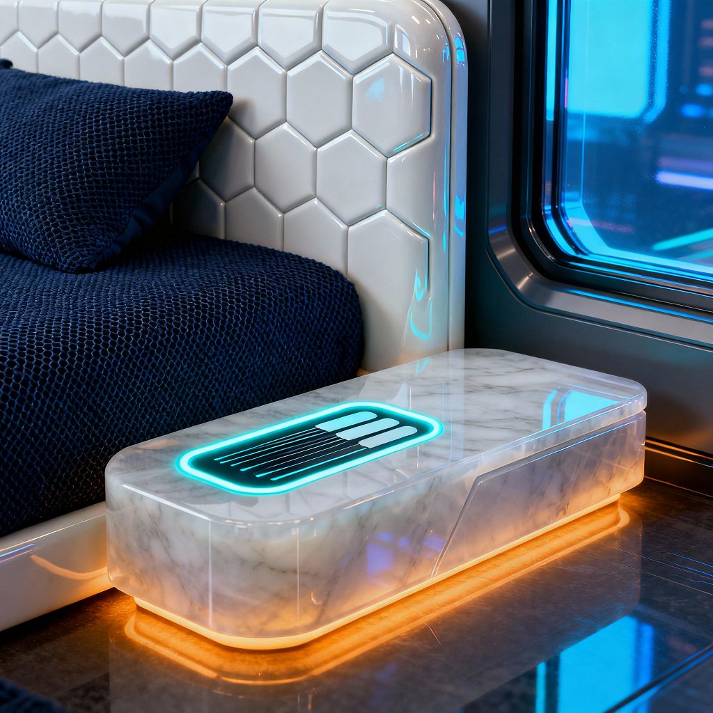 Close-up of a futuristic bedroom corner showing a glossy white headboard with raised hexagonal tiles beside a low, rounded nightstand in white marble. The nightstand features a cyan LED inlay and a warm amber underglow, while deep navy textured bedding and a gunmetal-framed window with blue light reflections complete the scene.