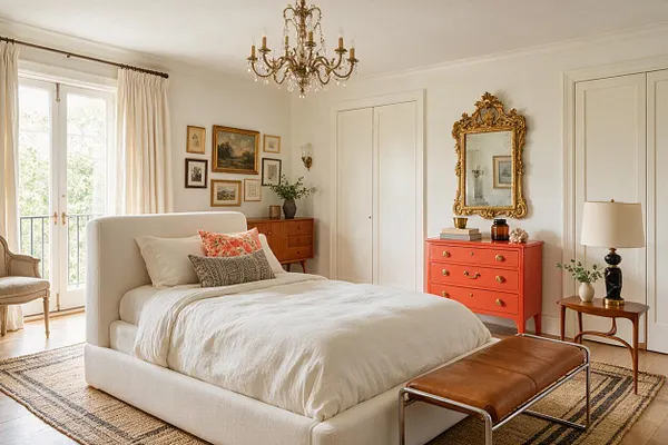 A bright eclectic bedroom with an upholstered cream bed centered on a striped rug, a crystal chandelier overhead, and an ornate gold mirror above a coral dresser. Cream curtains frame a tall window, while a leather bench, wooden side table, and mixed vintage artwork add warmth and character.