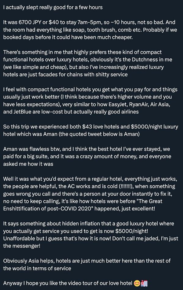 A detailed personal account of a stay at a love hotel in Tokyo, contrasting it with luxury hotel experiences.