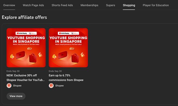 The image displays promotional offers for YouTube Shopping in Singapore, featuring Shopee.