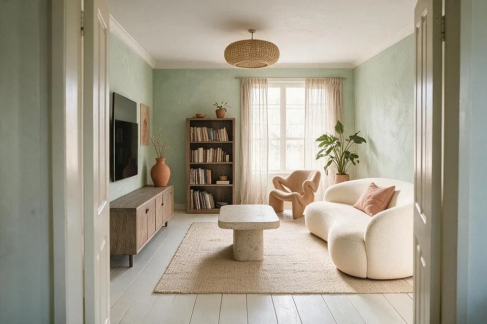 An Organic Modern living room in the Sage Plaster palette