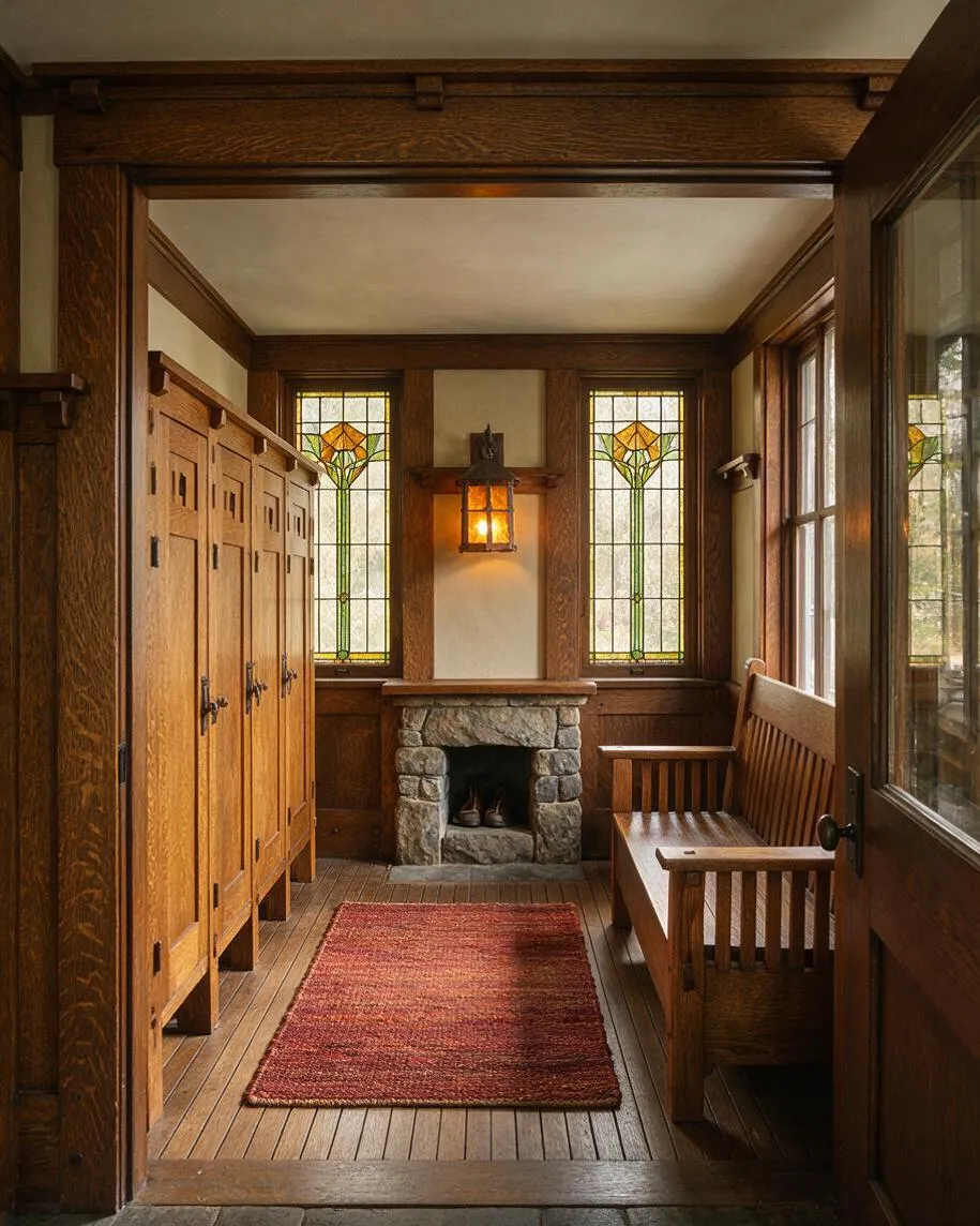 A narrow Craftsman-style mudroom with built-in oak lockers on the left, a wooden bench on the right, and a small stone fireplace centered between two stained-glass windows. Dark wood trim, paneled walls, a red woven rug, and a lantern-style wall sconce create a warm, traditional atmosphere.