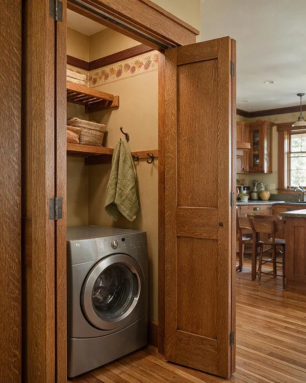 A compact laundry closet in Craftsman style with open wood doors reveals a silver front-loading washer, wood shelves, woven storage baskets, and hanging hooks with a towel. The space features warm beige walls, wood trim, and a floral wallpaper border, with a glimpse of a wood kitchen beyond.
