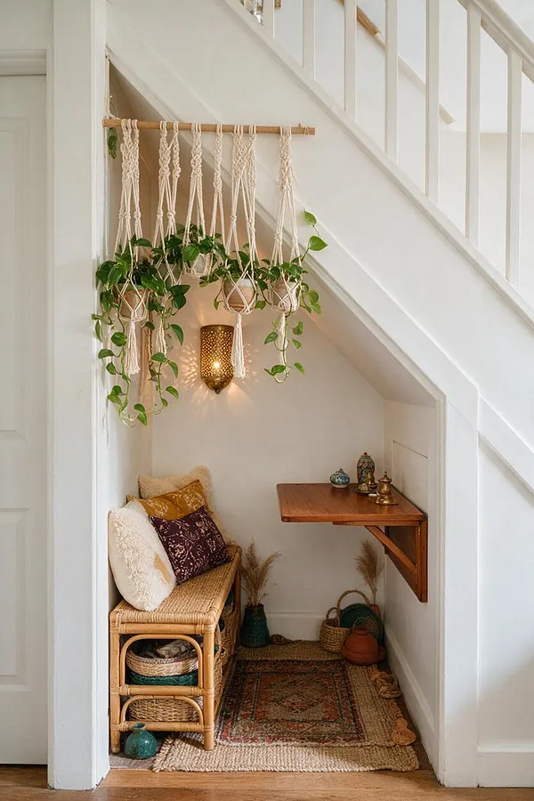 A small bohemian-style nook tucked under a staircase, featuring a woven bench with patterned pillows, a wall-mounted wooden table, hanging macrame plant holders with trailing greenery, and layered rugs. Warm natural textures, baskets, and soft lighting create an inviting game room atmosphere.