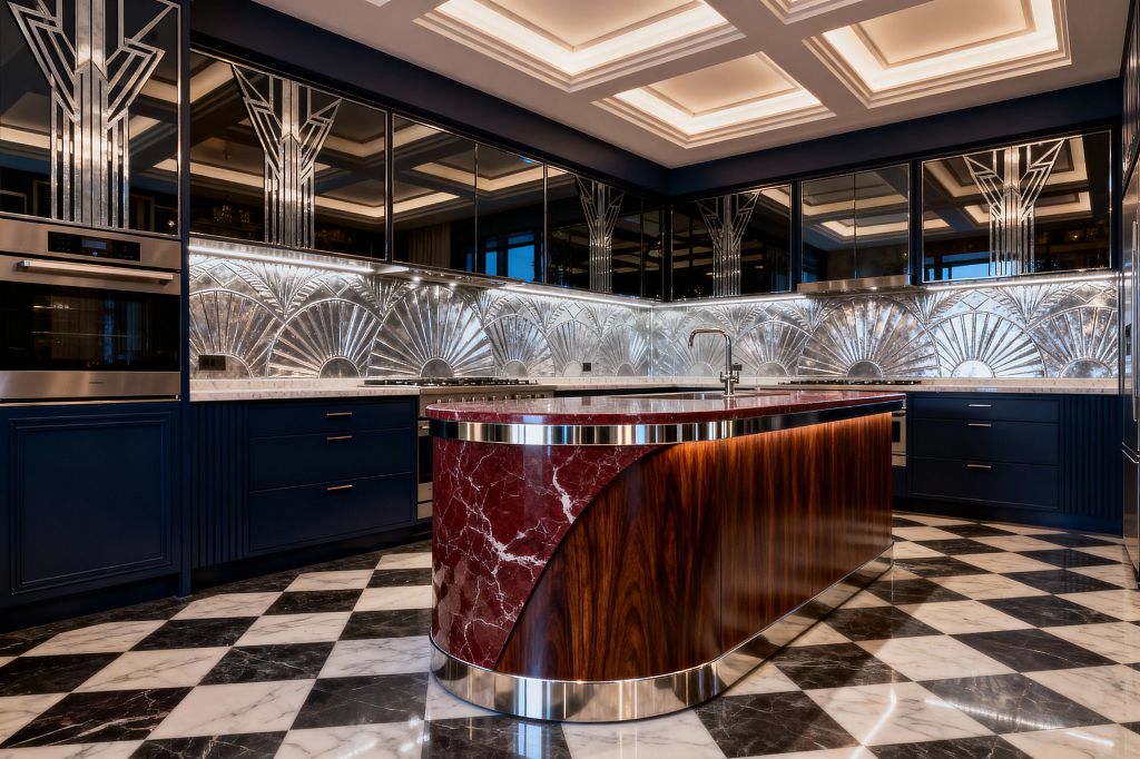 A glamorous Art Deco kitchen with deep navy cabinetry, mirrored upper doors, and a silver fan-patterned backsplash spanning the walls. A rounded central island combines a red marble top and end panel with glossy walnut veneer and chrome banding, underlit and fitted with a stainless faucet. White marble counters, stainless appliances, and a black-and-white marble checkerboard floor are set beneath a coffered ceiling with warm recessed lighting.