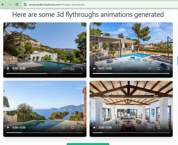 The image displays a grid of four video thumbnails showcasing 3D flythrough animations of properties.