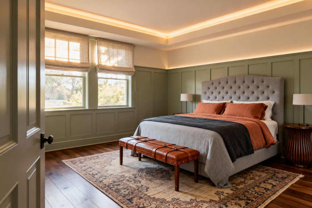 A transitional bedroom with sage green paneled wainscoting features a light gray tufted bed layered with rust linen pillows, a charcoal throw, and a gray coverlet, with a cognac leather strap bench on a vintage rug over warm hardwood floors. Round fluted wood nightstands and slender lamps flank the bed, linen Roman shades filter daylight at two windows, and a tray ceiling with recessed cove lighting bathes the room in a soft, warm glow.