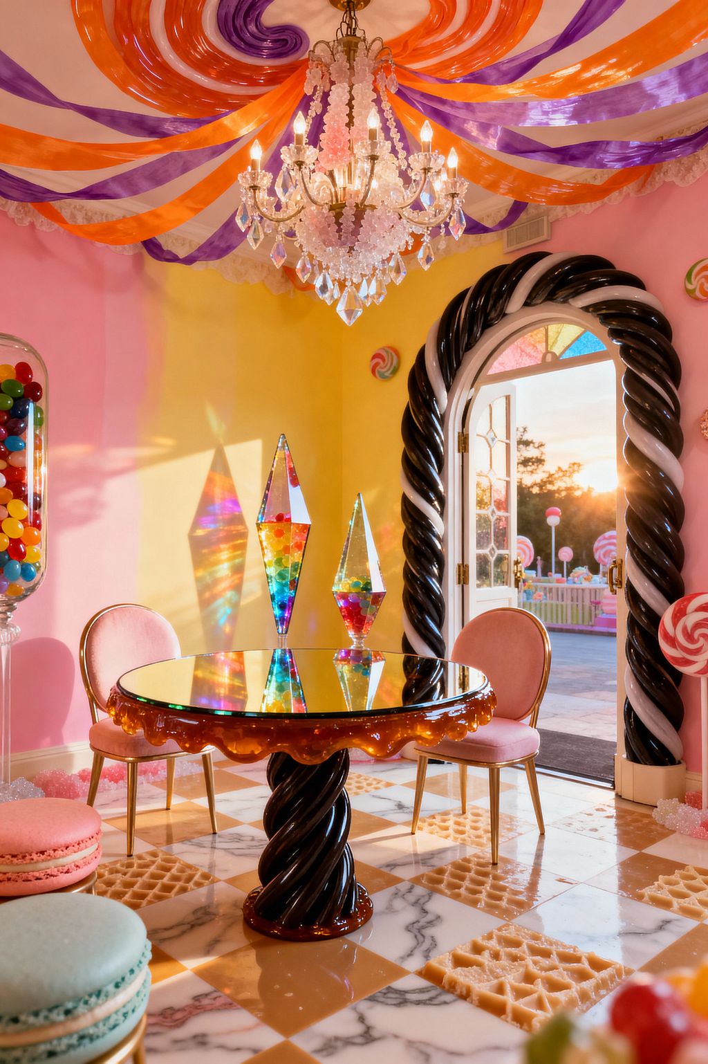 A whimsical dining room styled like a candy shop features pink and yellow walls, a black-and-white twisted licorice arch around an open arched door, and a round table with an amber resin scalloped edge and mirrored top. Blush velvet chairs with brass legs sit on a checkerboard floor of veined marble and waffle-cone tiles beneath a crystal chandelier and swirled purple and orange ceiling ribbons, with rainbow acrylic obelisks, a tall gumball jar, macaron poufs, and lollipop accents.