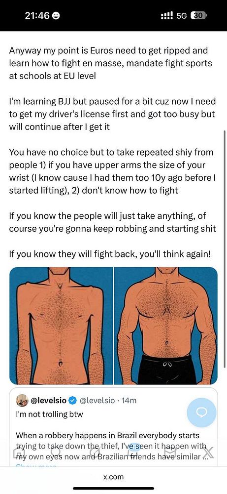 The image features a social media post discussing the need for Europeans to engage in physical training and self-defense.