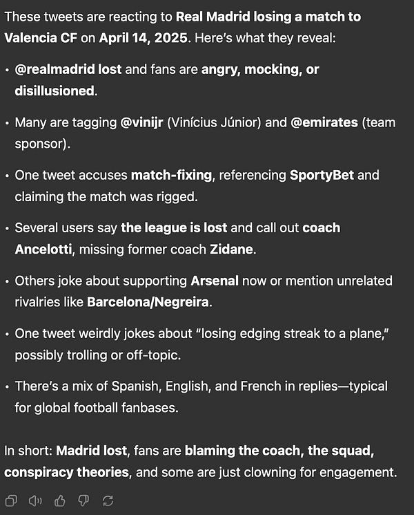 The image contains a detailed analysis of social media reactions to Real Madrid's loss against Valencia CF on April 14, 2025.