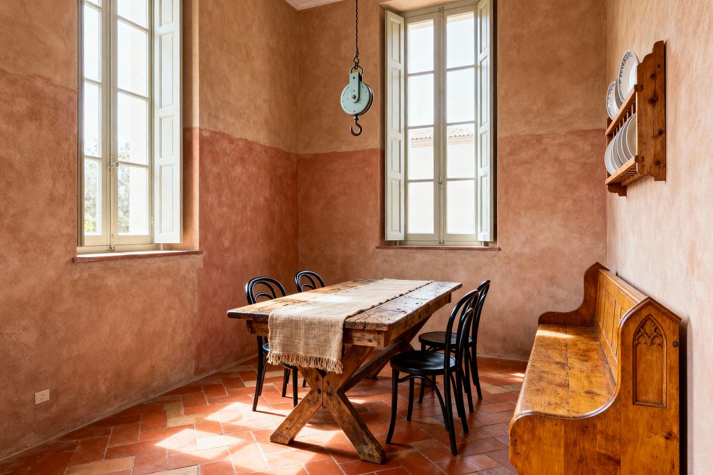 A sunlit farmhouse dining room features two tall windows with cream-painted shutters, terracotta herringbone floor tiles, and textured two-tone plaster walls in pinkish terracotta and sand. At center sits a chunky reclaimed-wood trestle table with a frayed linen runner, surrounded by four black bentwood chairs and a honey-stained church pew; a wall-mounted plate rack holds white dishes, and a vintage metal pulley hangs from the ceiling.