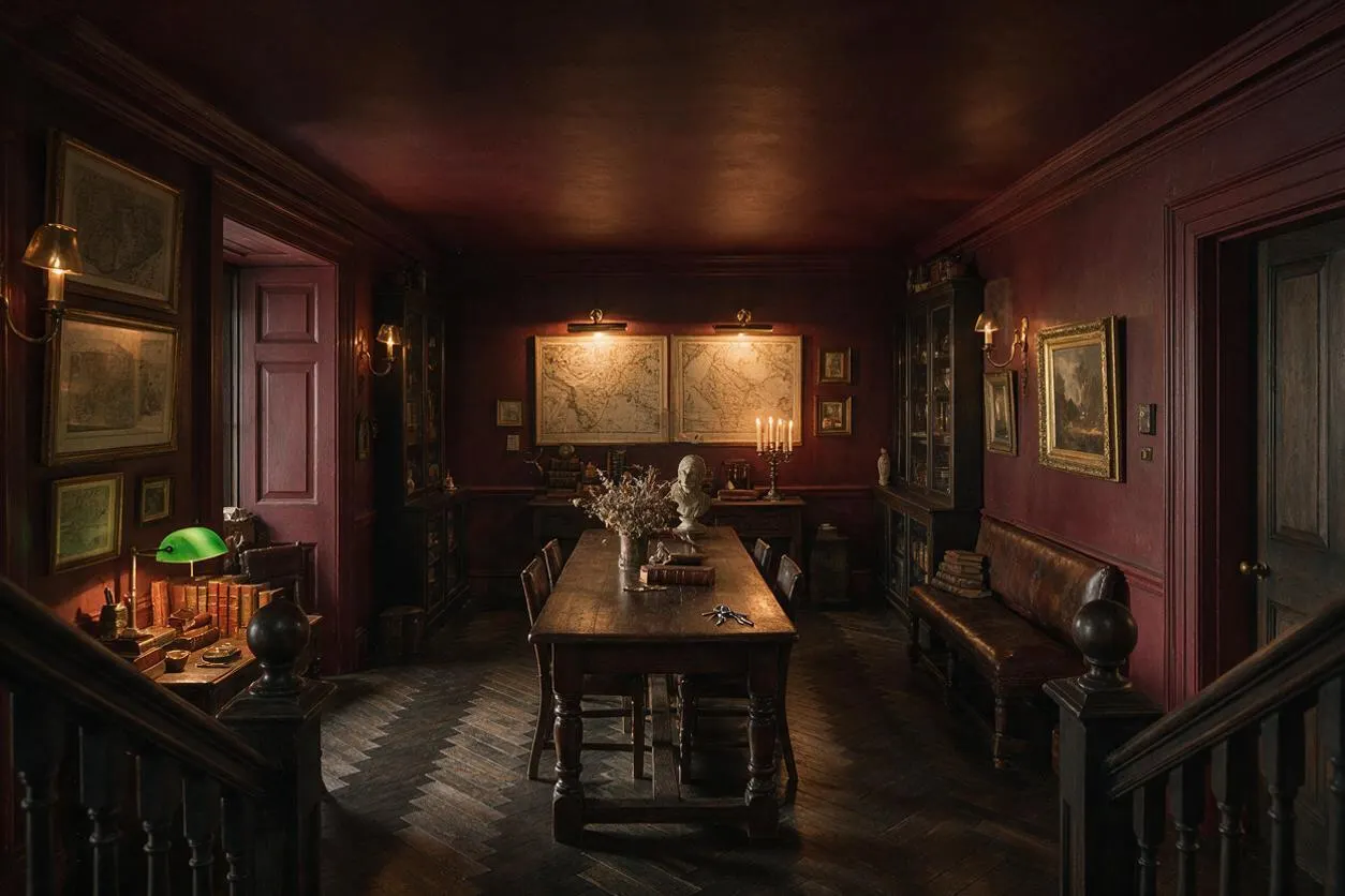 A dimly lit dark academia entryway with deep burgundy walls, a dark wood ceiling, and a long antique table centered in the room. Framed maps and paintings, brass wall sconces, a green banker’s lamp, and vintage cabinetry create a scholarly, old-world atmosphere.