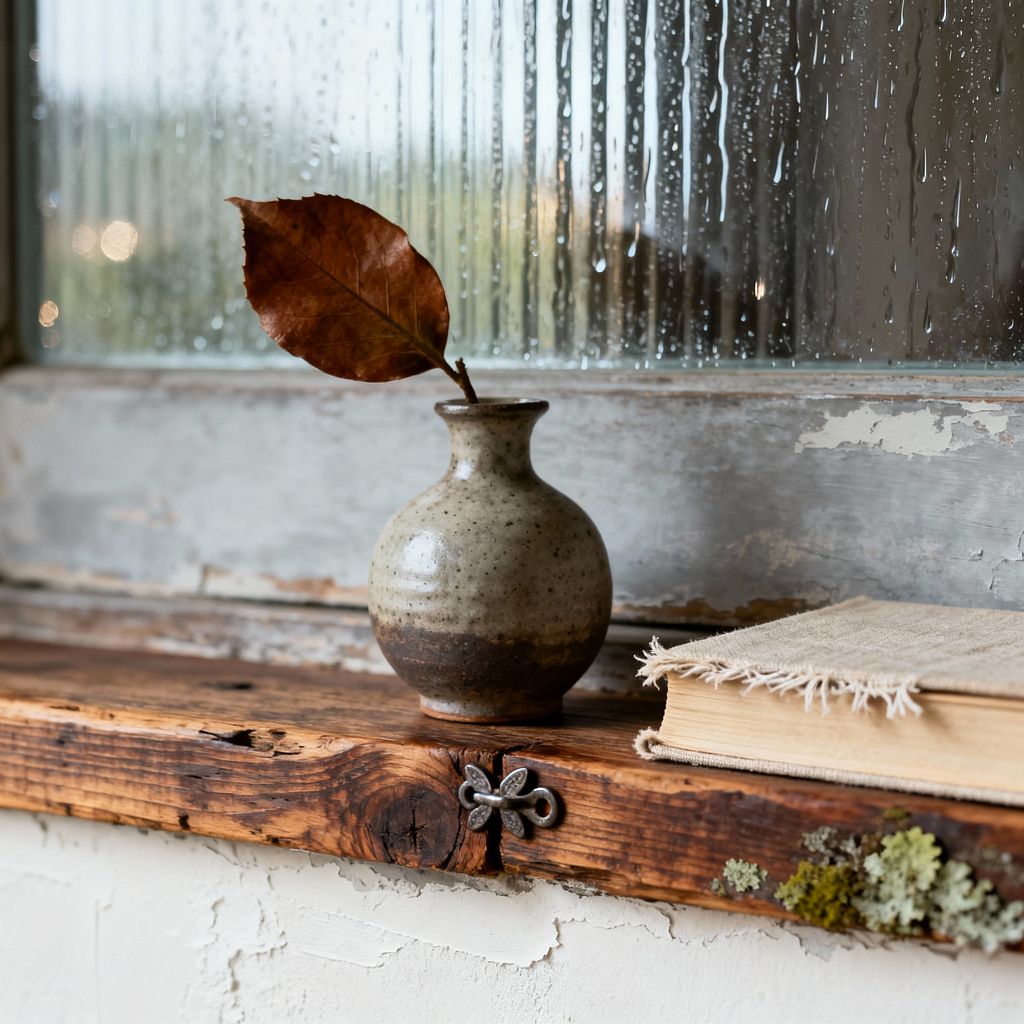A close-up of a rustic living room windowsill features a small speckled stoneware bud vase holding a single dried copper-brown leaf. It rests on a rough reclaimed wood shelf with pronounced knots, a butterfly-shaped iron fastener, and a touch of lichen, beside a linen-bound book with frayed edges. Behind, a chipped, patinated window frame holds ribbed glass beaded with rain above a textured off-white plaster wall in soft natural light.