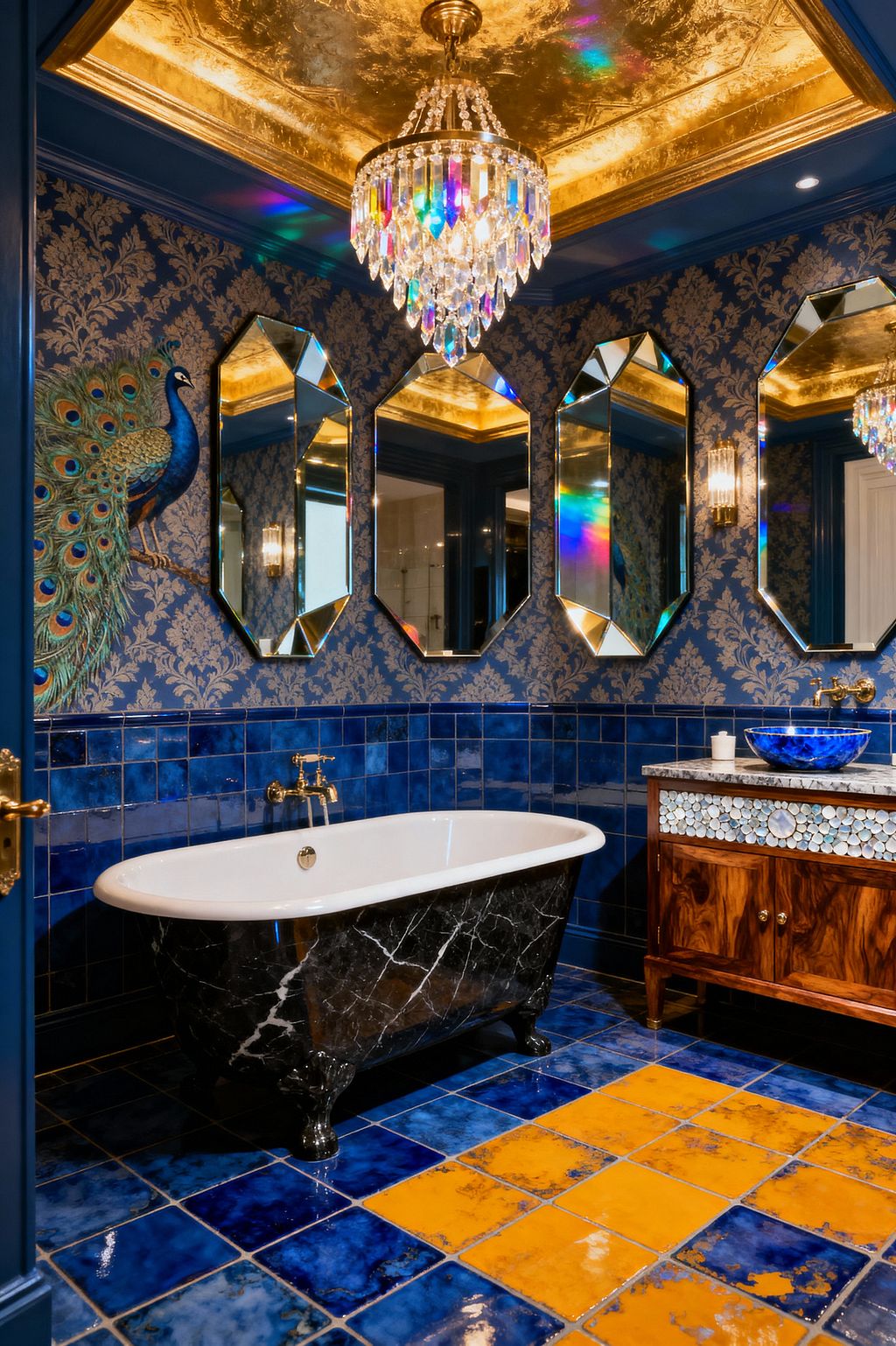 A lavish bathroom features cobalt blue glazed tiles on the walls and floor, punctuated by mustard-gold squares, beneath a gleaming gold leaf ceiling with a crystal chandelier casting prismatic light. A black marble-effect clawfoot tub faces a walnut vanity with a gray marble countertop and blue glass vessel sink, while blue damask wallpaper with a peacock motif, beveled octagonal mirrors, and brass fixtures amplify the maximalist layering of pattern, color, and shine.