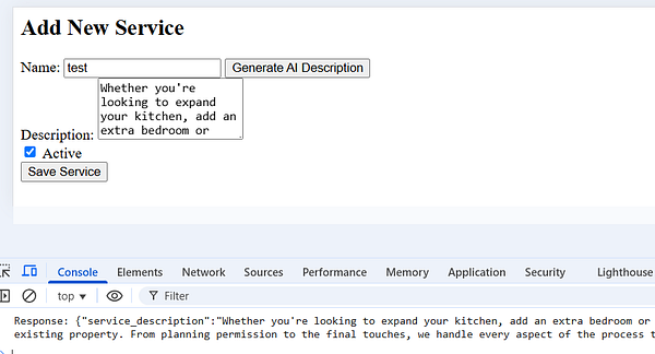 The image displays a web interface for adding a new service with a text generation feature.