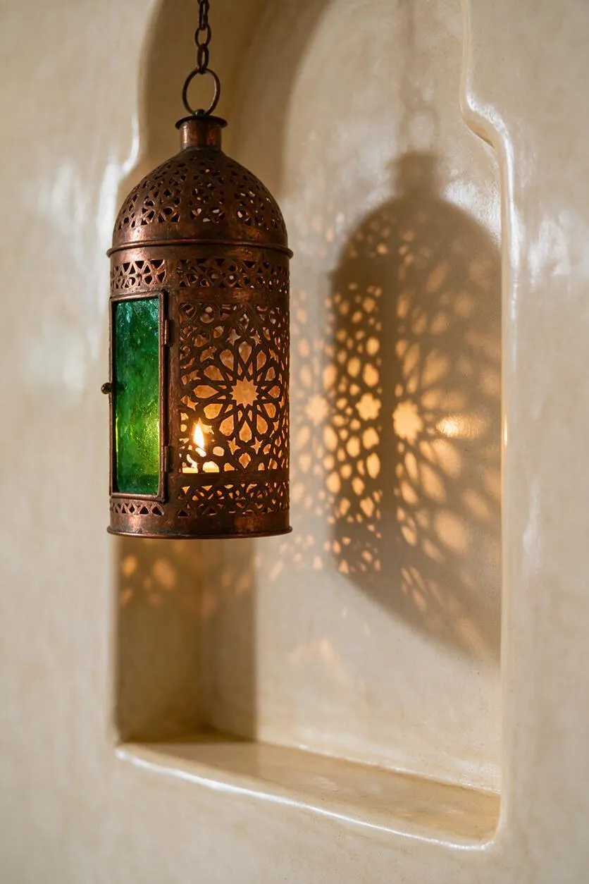 A small Moroccan-style hanging lantern with ornate pierced metalwork and a green glass panel is suspended inside a smooth stucco wall niche. Warm light filters through the cutouts, casting a detailed floral shadow on the cream-colored plaster surface.