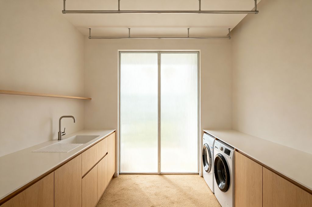 A minimalist laundry room with warm white walls and a central sliding door of reeded frosted glass, flooding the space with diffused daylight. Light oak, handleless base cabinets line both sides beneath matte white solid-surface countertops; the left counter integrates a sink with a stainless gooseneck faucet and floating shelf above, while a front-loading washer and dryer sit under the right counter, with ceiling-mounted stainless drying rails above a sandy beige floor.