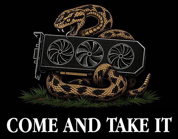 A detailed digital artwork of an AI-styled figure holding a GPU with the text 'COME AND TAKE MY GPU' displayed prominently.