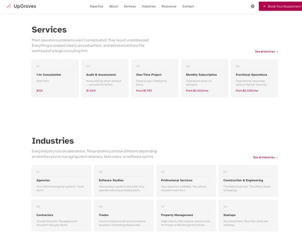 Screenshot of a website homepage redesign showcasing service and industry sections with a clean, modern layout.