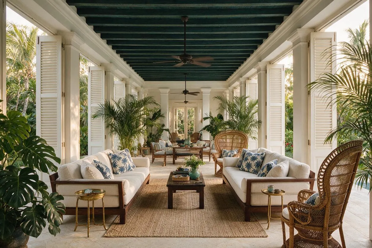 A long covered tropical backyard veranda with white columns, louvered shutters, and a dark green ceiling with ceiling fans. The space is furnished with cream sofas, wicker chairs, woven rugs, brass side tables, and abundant potted palm plants, with lush tropical greenery visible beyond the open sides.