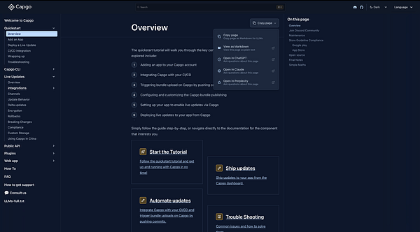 The image displays a user interface for the Capgo documentation, specifically the 'Overview' section of the Quickstart guide.