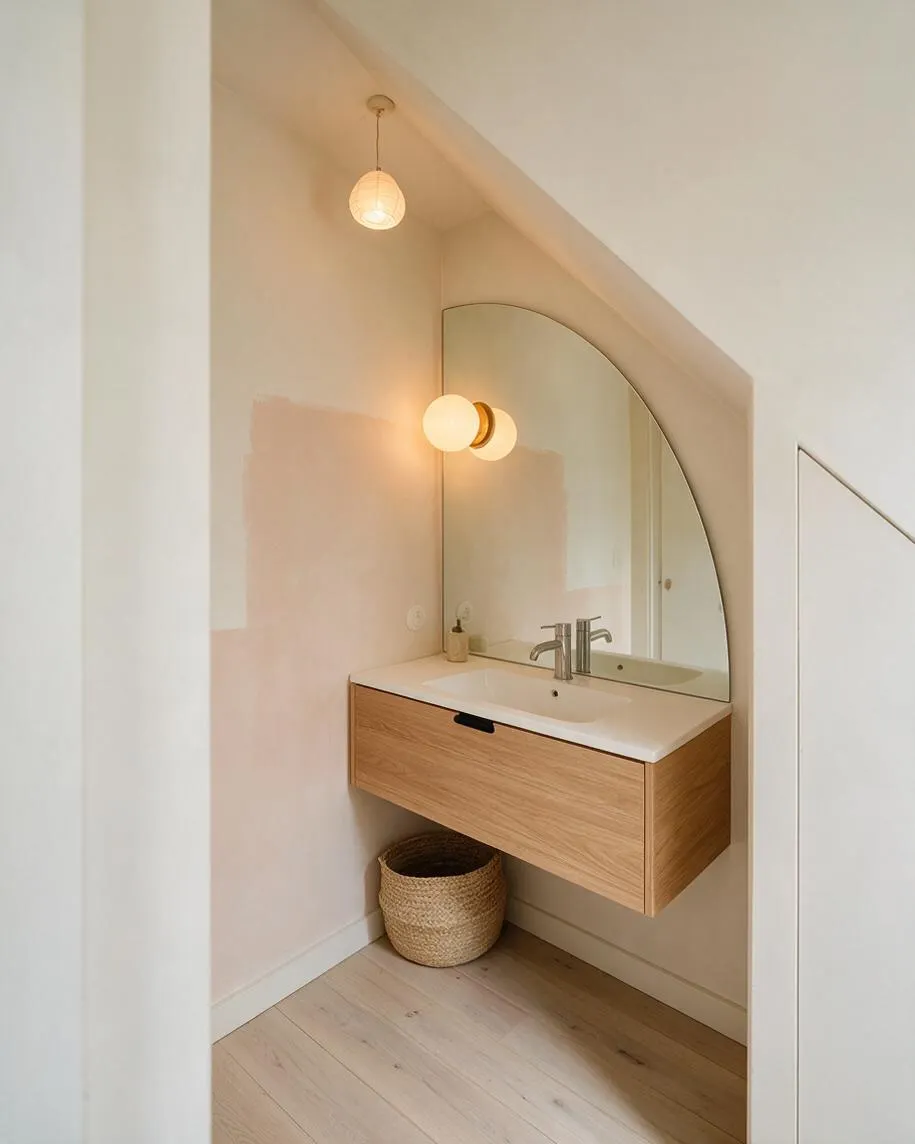 A small Scandinavian powder room with sloped ceiling, pale walls, and light wood flooring. A floating oak vanity with a white sink sits beneath a large arched mirror, with warm globe sconces and a woven basket adding softness.