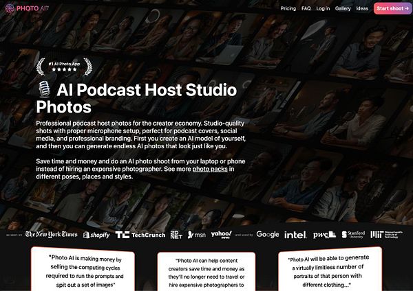 The image promotes an AI photo service for podcast hosts, showcasing various studio-quality photos of individuals with microphones.