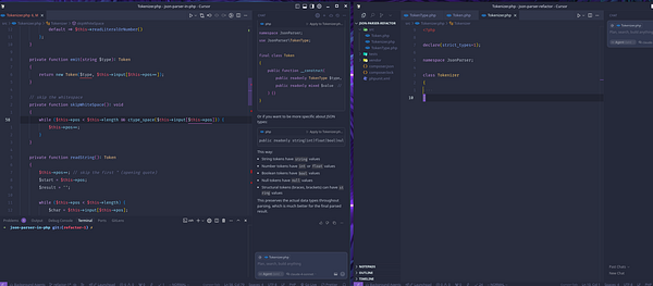 The image displays a code editor with two side-by-side panels showing a JSON parser being refactored.