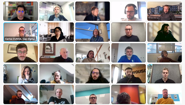 A grid of participants in a virtual meeting for OVH Cloud's AI Accelerator kickoff session.