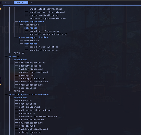 A terminal window displaying a detailed file directory tree related to AWS documentation topics.